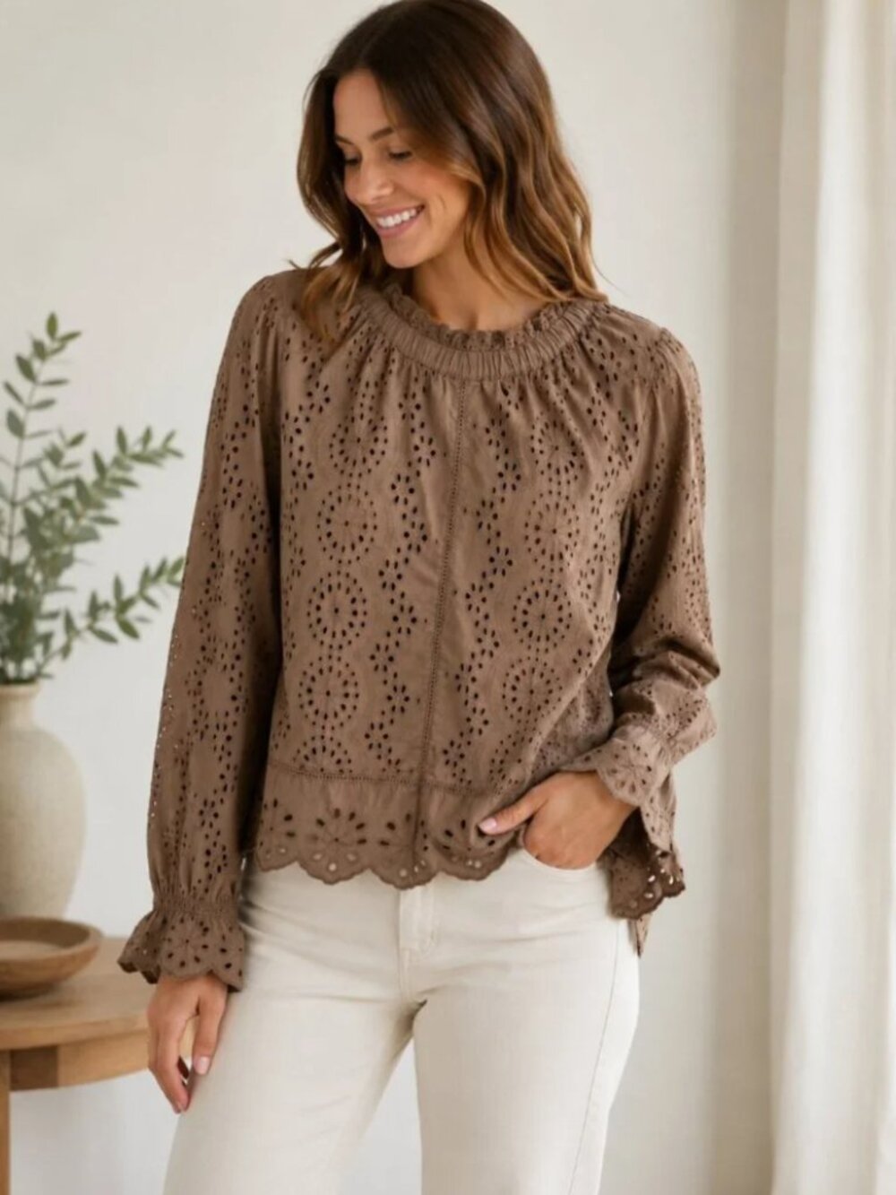 Jennifer & Grace Taupe Brown Eyelet Embroidered Cotton Blouse Size Large